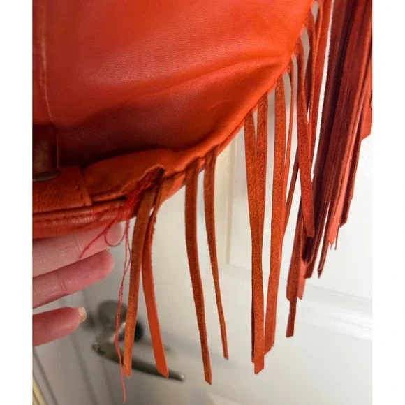 VTG North Beach Leather Women's Size Small 5/6 Cropped Red Fringe Leather Jacket - Picture 2 of 14